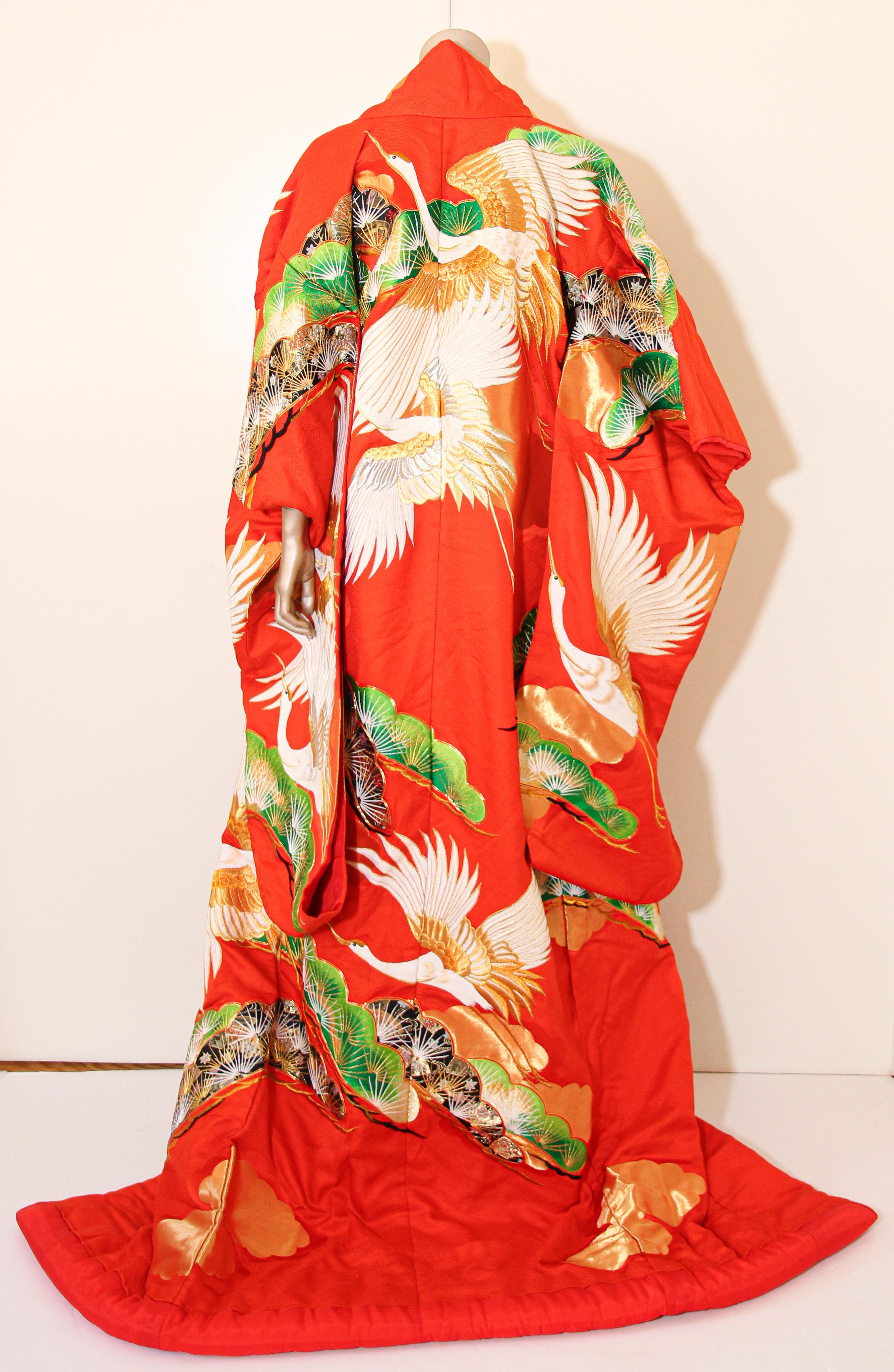 Silk Vintage Red Brocade with Flying Cranes Japanese Ceremonial Kimono