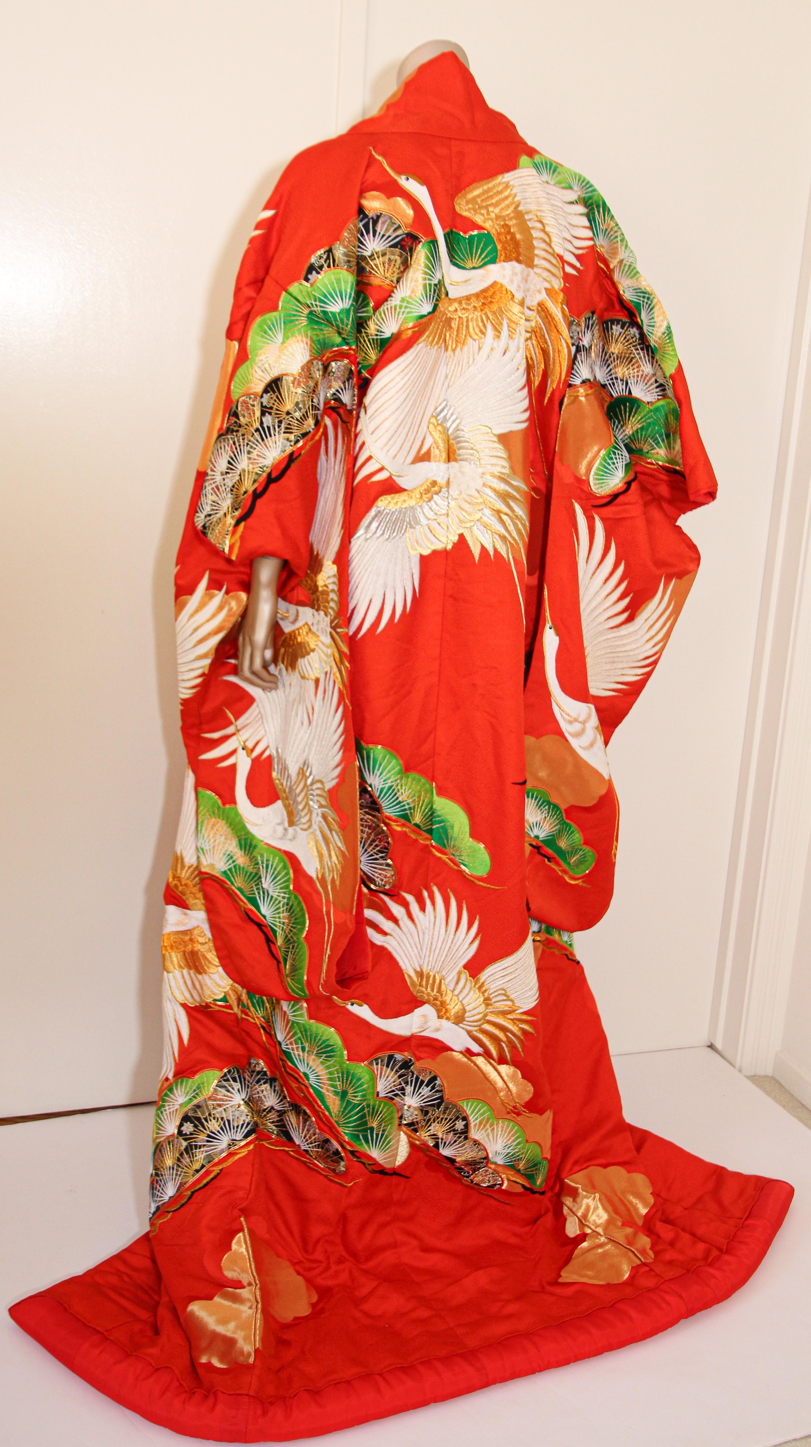 Vintage Red Brocade with Flying Cranes Japanese Ceremonial Kimono 2
