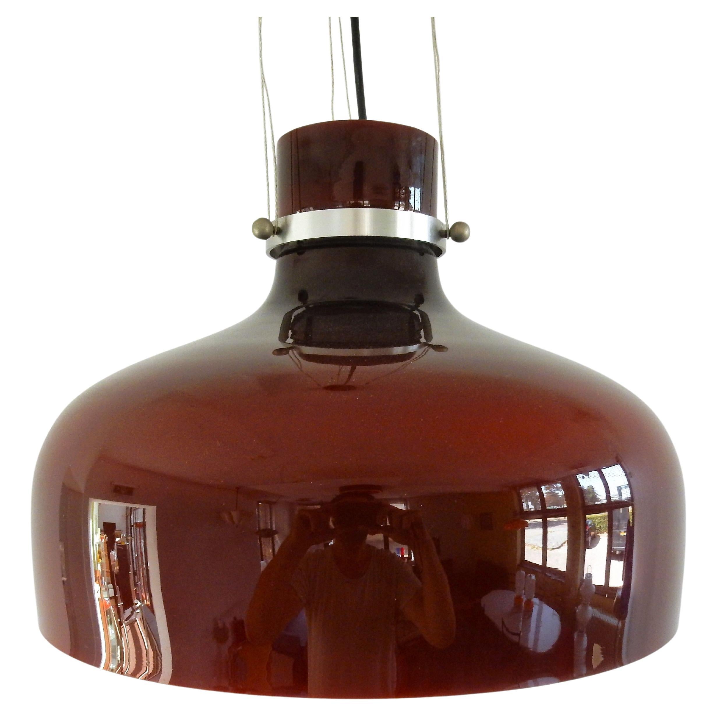 Lampada a sospensione in vetro colorato rosso-marrone vintage, anni '70