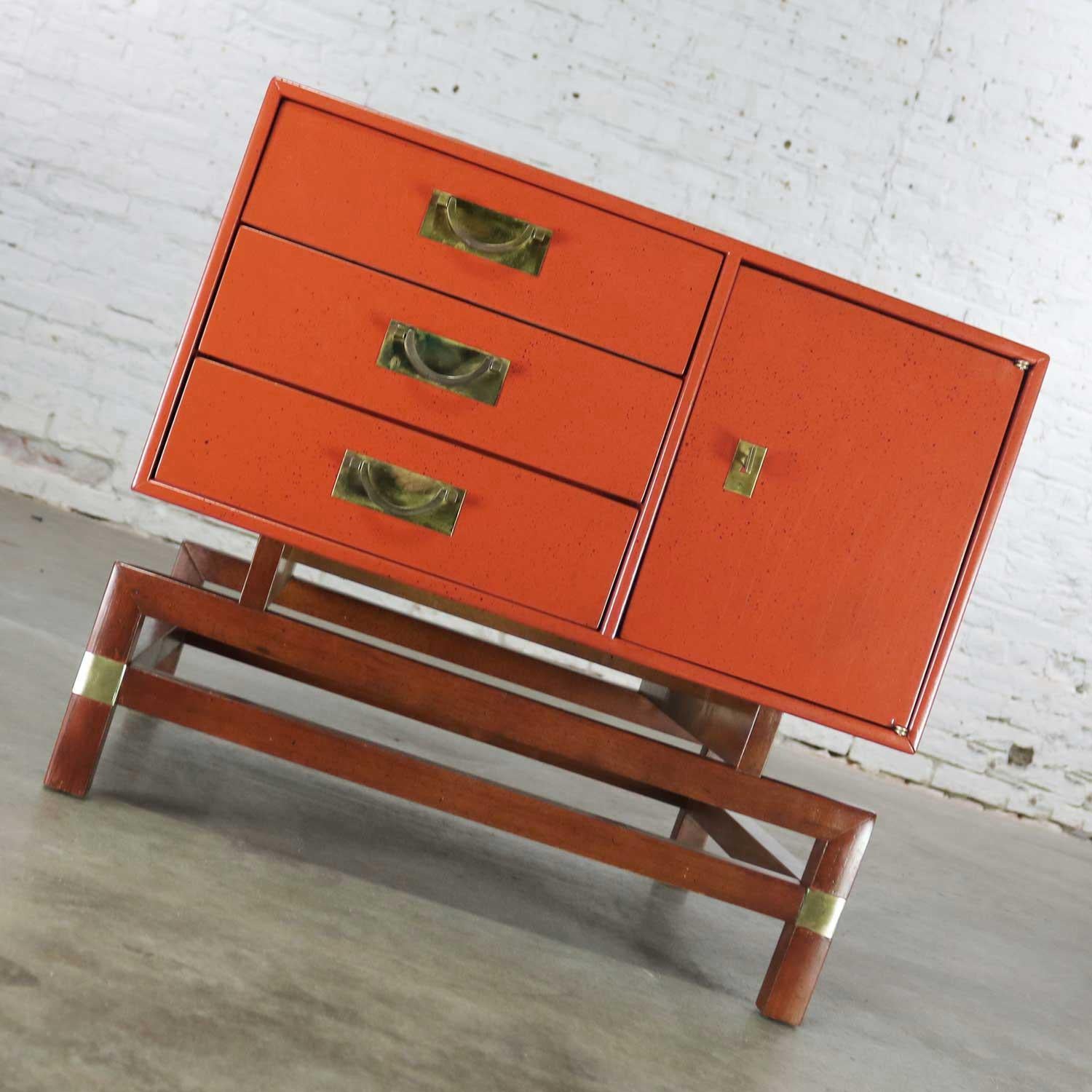 Vintage Red Campaign Style End Table Drawers and Door & Brass Detail by Hickory 2