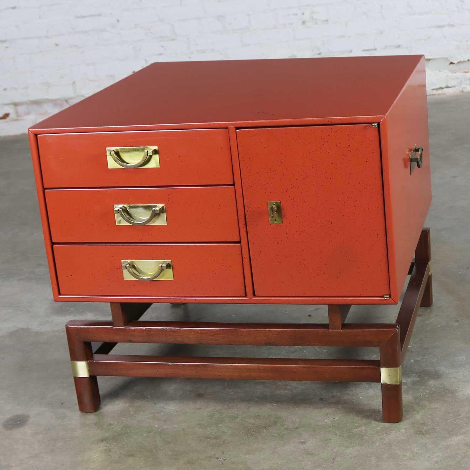Vintage Red Campaign Style End Table Drawers and Door & Brass Detail by Hickory 7