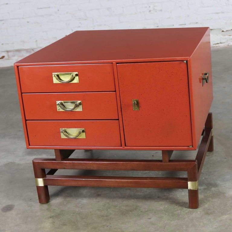 Vintage Red Campaign Style End Table Drawers and Door and Brass Detail
