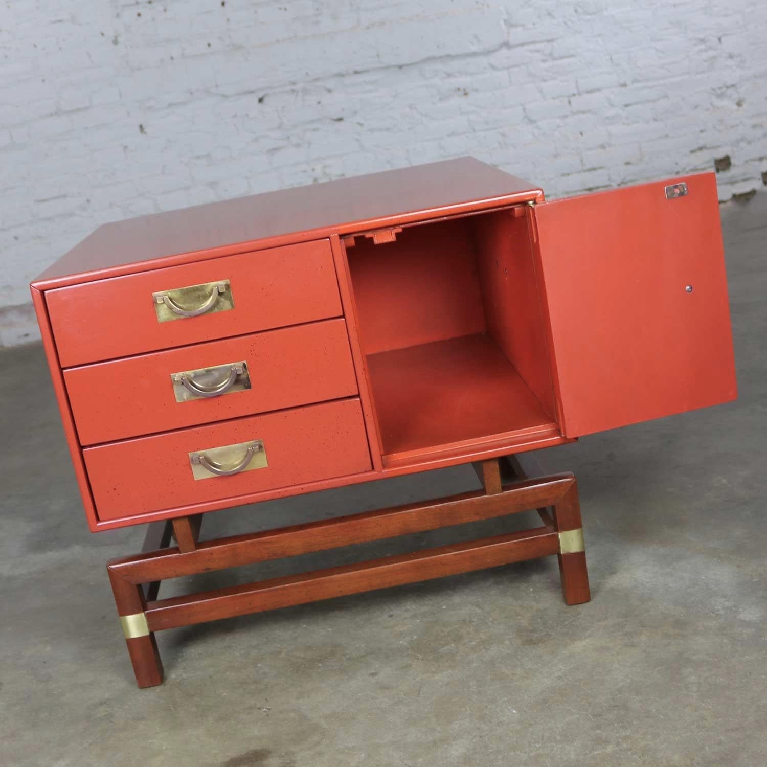 Vintage Red Campaign Style End Table Drawers and Door & Brass Detail by Hickory 7