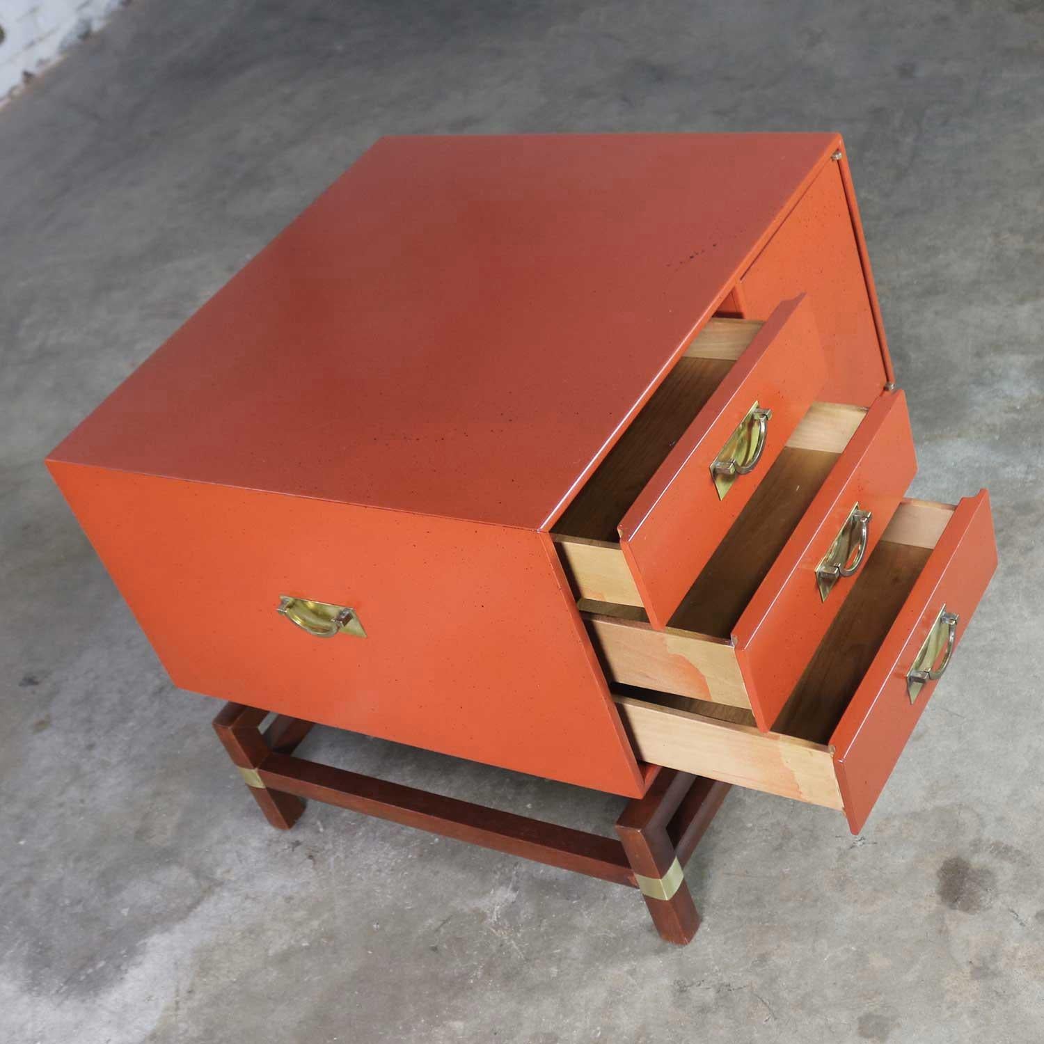 Vintage Red Campaign Style End Table Drawers and Door & Brass Detail by Hickory 9
