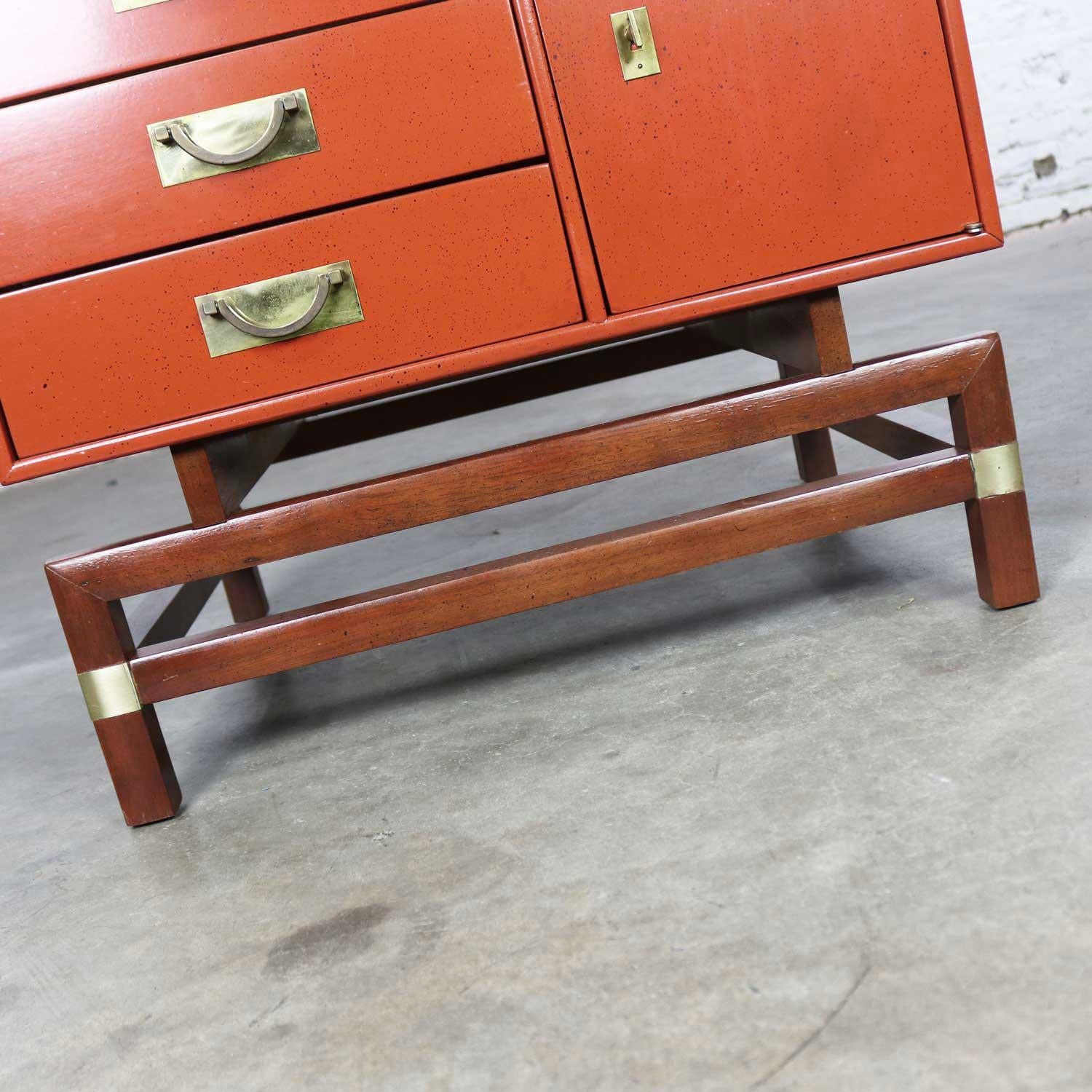 Vintage Red Campaign Style End Table Drawers and Door & Brass Detail by Hickory 10