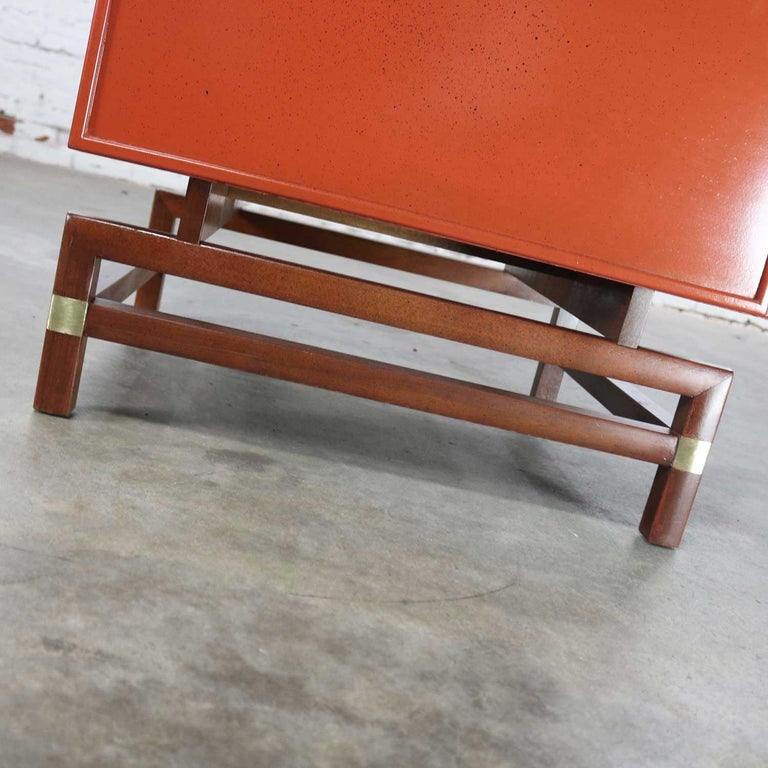 Vintage Red Campaign Style End Table Drawers And Door And Brass