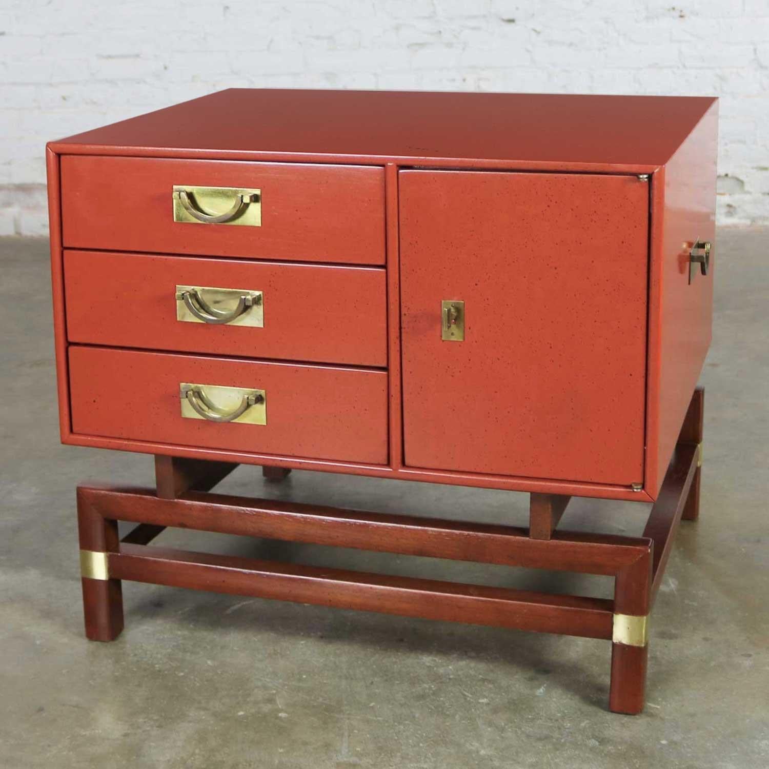Vintage Red Campaign Style End Table Drawers and Door & Brass Detail by Hickory 21