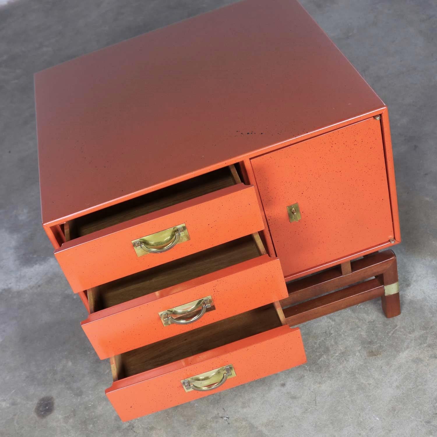 Vintage Red Campaign Style End Table Drawers and Door & Brass Detail by Hickory 24