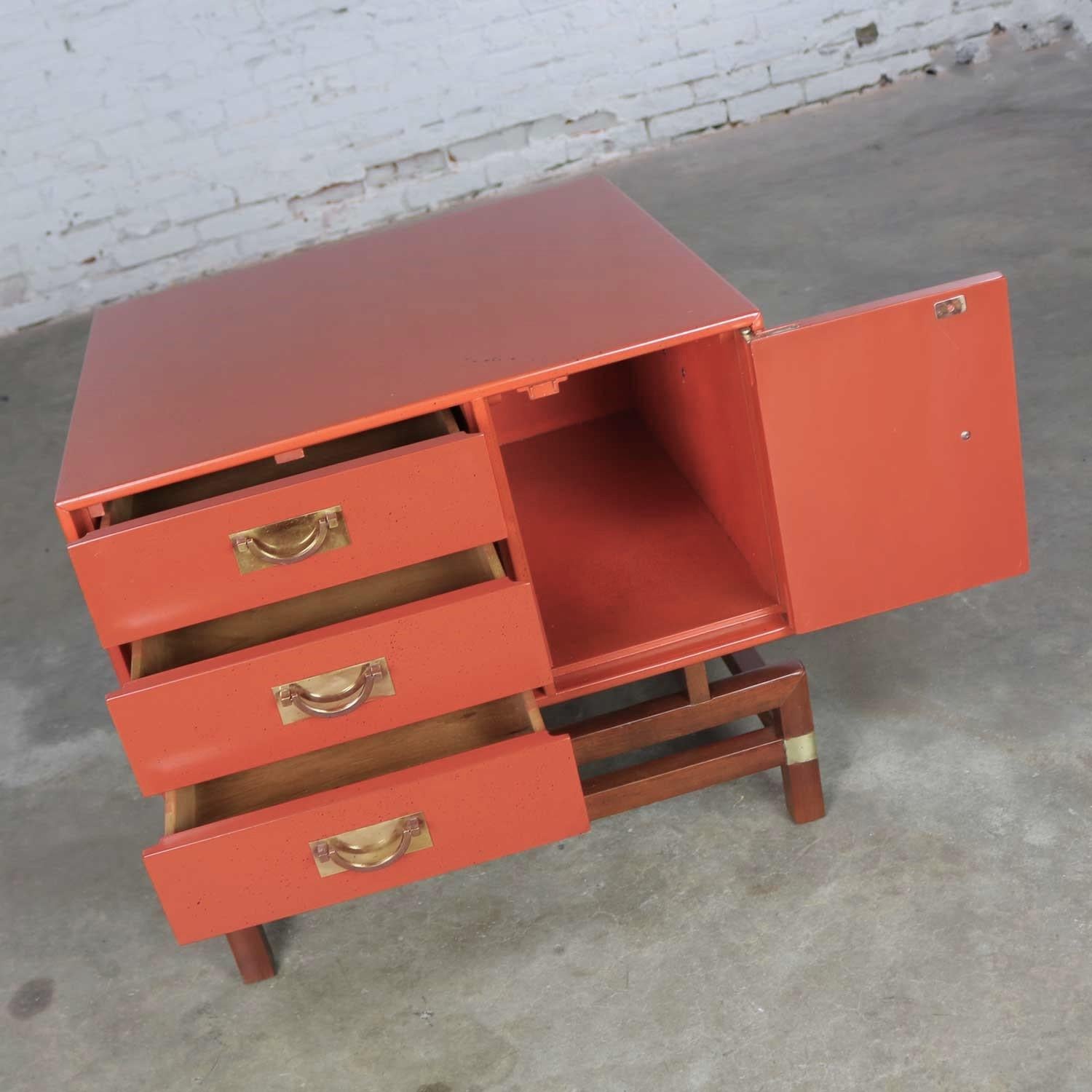 Vintage Red Campaign Style End Table Drawers and Door & Brass Detail by Hickory 26