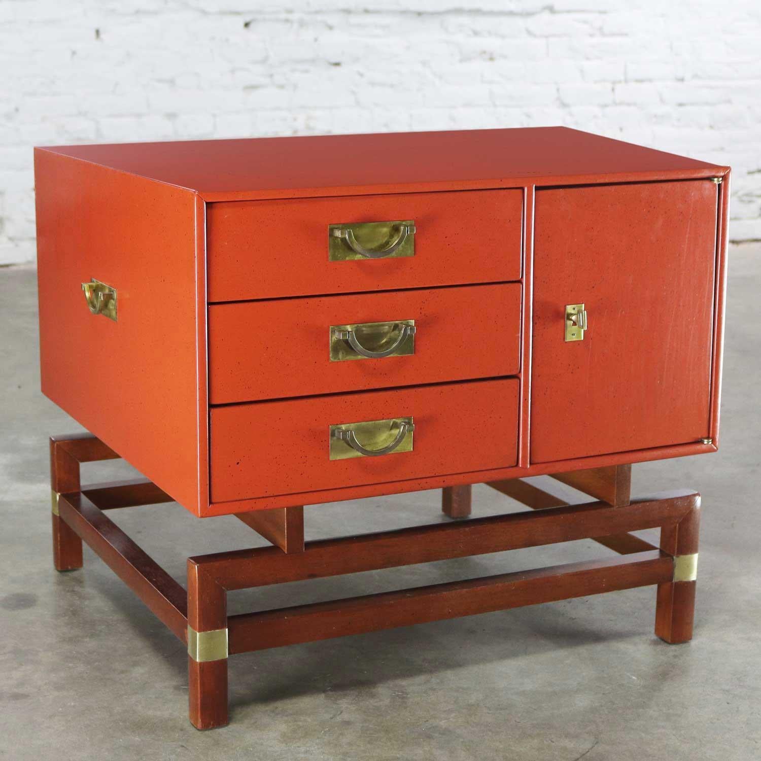 Vintage Red Campaign Style End Table Drawers and Door & Brass Detail by Hickory 37