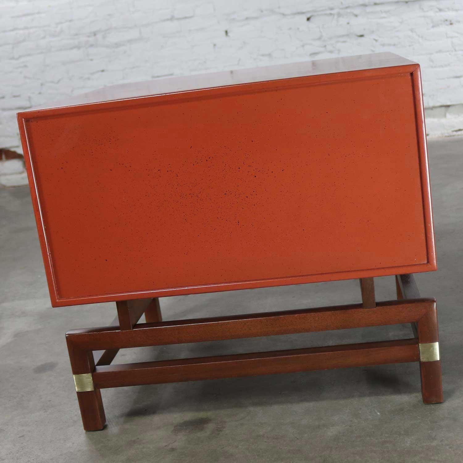 20th Century Vintage Red Campaign Style End Table Drawers and Door & Brass Detail by Hickory