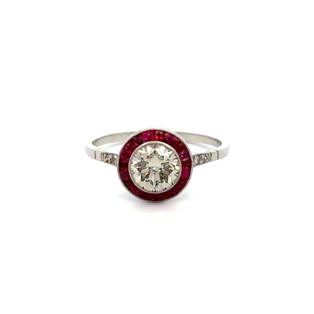 Round Cut Vintage Red Carpet 1.12 Carat Diamond and Ruby Statement Platinum Cocktail Ring For Sale