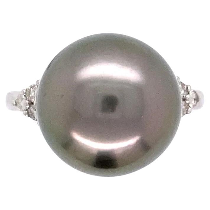 Vintage Red Carpet 12.3mm Grey Pearl and Diamond Platinum Statement Ring For Sale