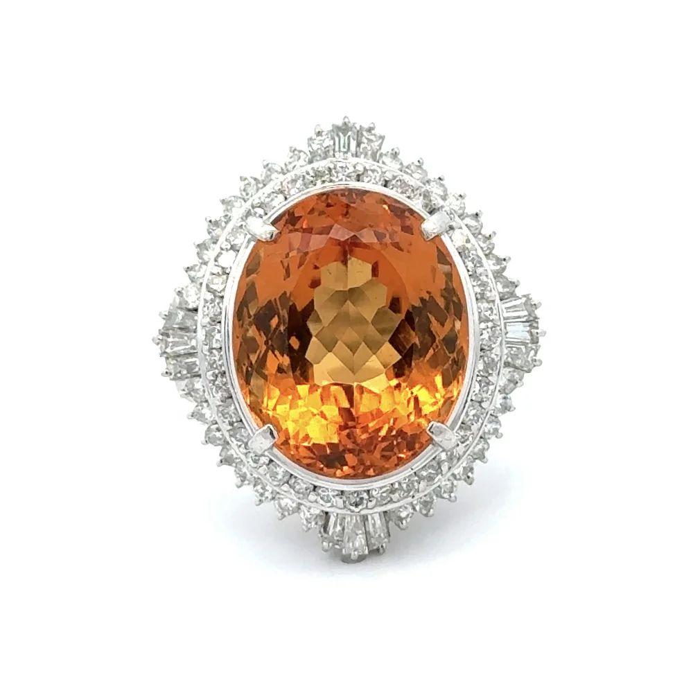 Mixed Cut Vintage Red Carpet 20.57 Carat Imperial Topaz Gem GIA and Diamond Platinum Ring For Sale