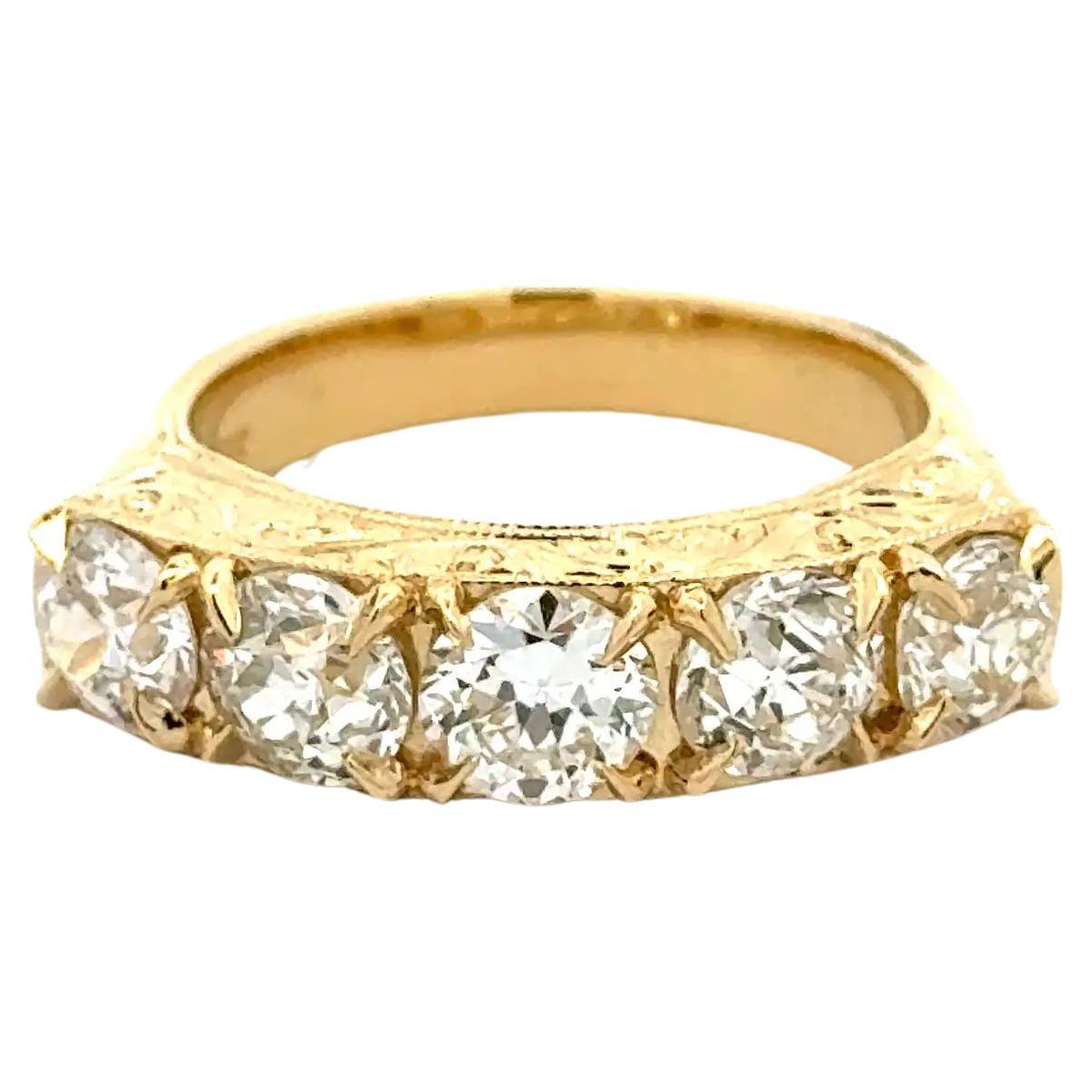 Vintage Red Carpet 5 Stone Diamond Gold Engraved Band Statement Ring