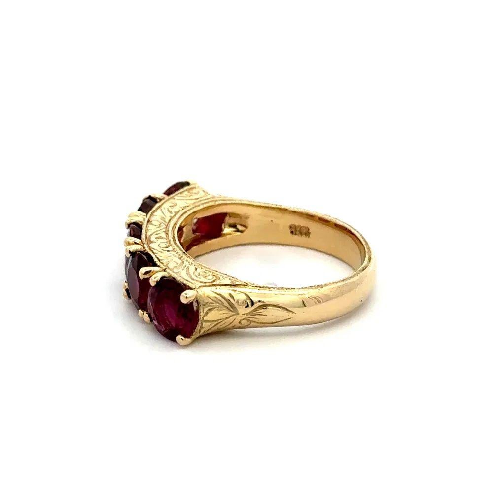 Women's Vintage Red Carpet 5 Stone Ruby Engraved Gold Band Ring For Sale