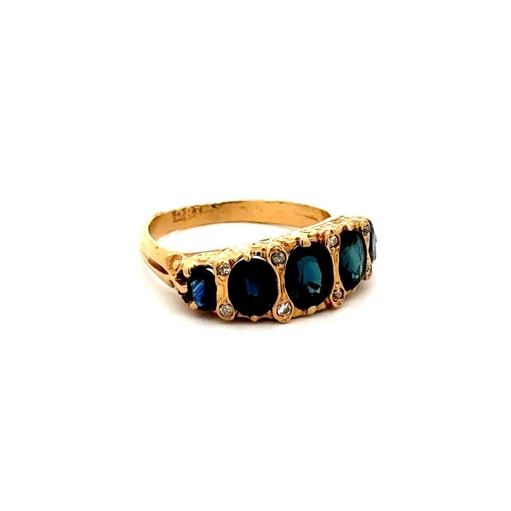 Simply Beautiful! Red Carpet Vintage 5-Stone Sapphire and Diamond Statement Gold Band Ring. Finely Hand crafted 18K Yellow Gold 7.7mm engraved Band. Securely nestled Hand set with 5 Rubies, weighing approx. 2.50tcw. Accented by Diamonds, approx.