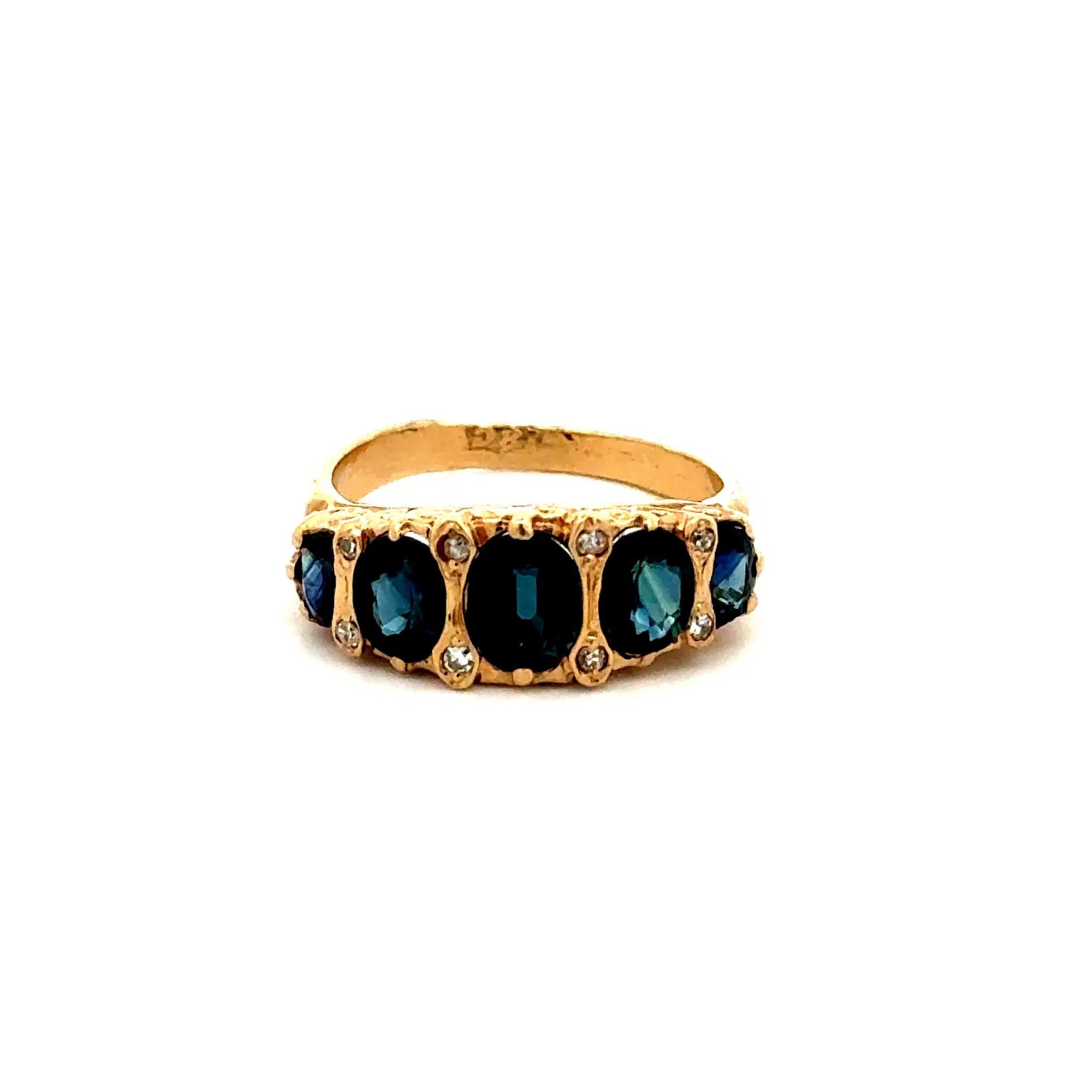 Mixed Cut Vintage Red Carpet 5 Stone Sapphire and Diamond Gold Band Ring For Sale