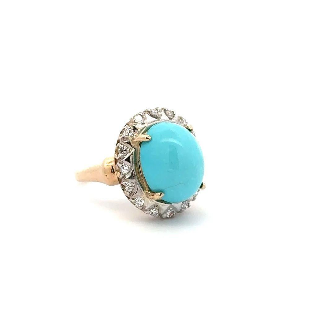 Simply Beautiful! Vintage Statement Sleeping Beauty Turquoise and Diamond Gold Cocktail Ring. Securely centering an Oval Cabochon Sleeping Beauty Turquoise, weighing approx. 7.58 Carat. Surrounded by Single Cut Diamonds, approx. 0.16tcw. Finely