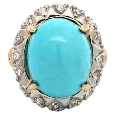 Vintage Red Carpet 7.58 Cabochon Sleeping Beauty Turquoise and Diamond Gold Ring