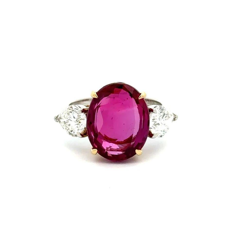 Mixed Cut Vintage Red Carpet 9.37 Carat Oval Burma Ruby GRS and Pear Diamond Platinum Ring For Sale