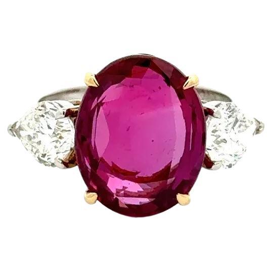 Vintage Red Carpet 9.37 Carat Oval Burma Ruby GRS and Pear Diamond Platinum Ring For Sale