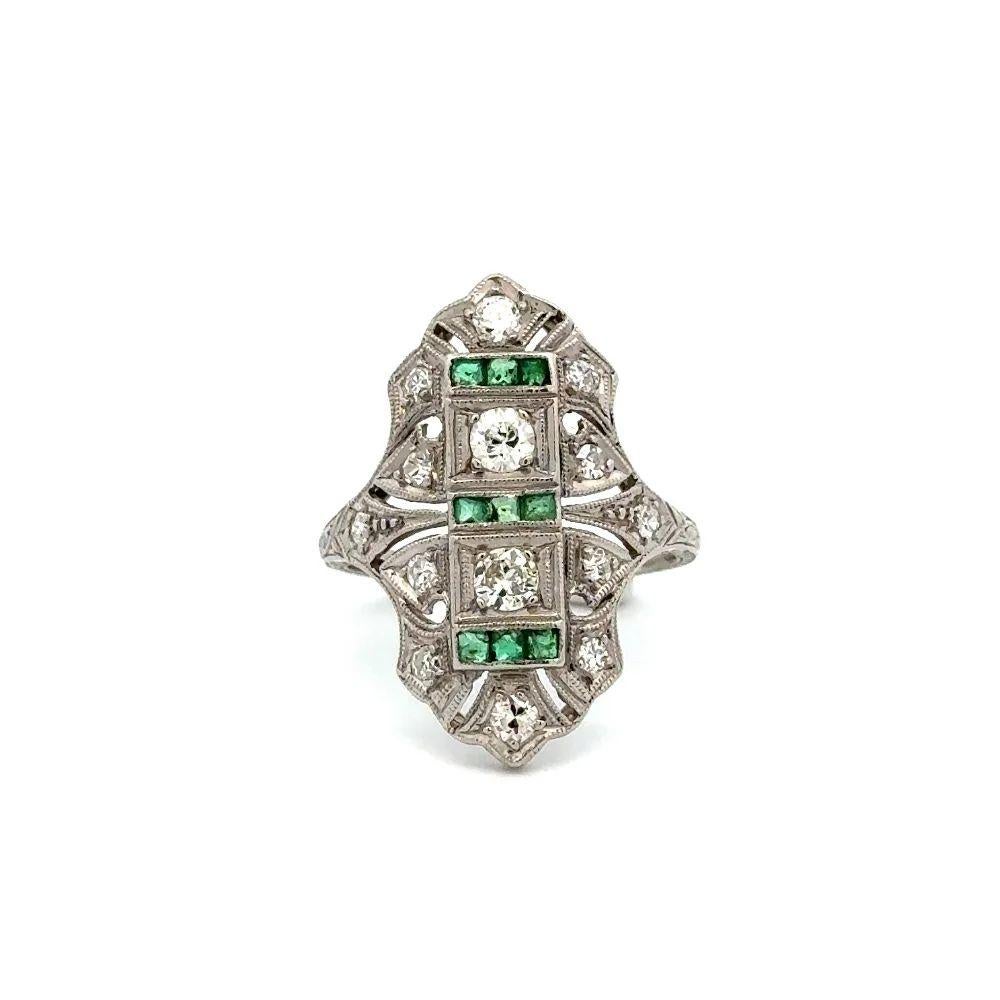 Vintage Red Carpet Art Deco Diamond and Emerald Platinum Navette Ring In Excellent Condition For Sale In Montreal, QC
