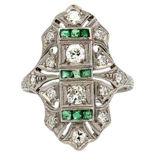 Vintage Red Carpet Art Deco Diamond and Emerald Platinum Navette Ring For Sale