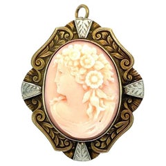Antique Red Carpet Carved Coral Engraved 2-Tone Gold Bezel Pendant Brooch Pin