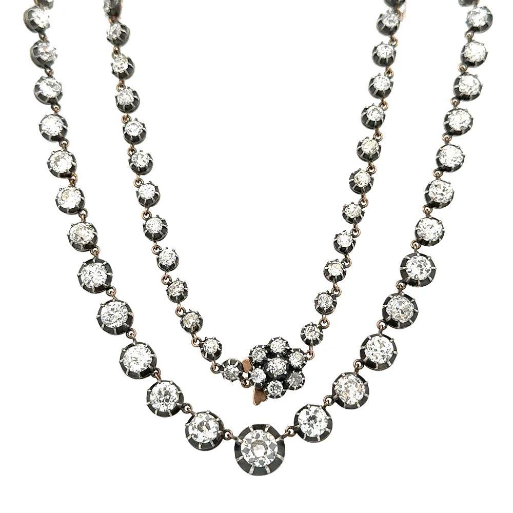 Simply Beautiful! Show Stopper Vintage Diamond Riviera Silver on Gold Statement Necklace. Boasting 18.54tcw Hand set eye-catching Old European Cut (OEC) and Old Mine Cut Diamonds, all designed to brilliantly catch and reflect light for a mesmerizing
