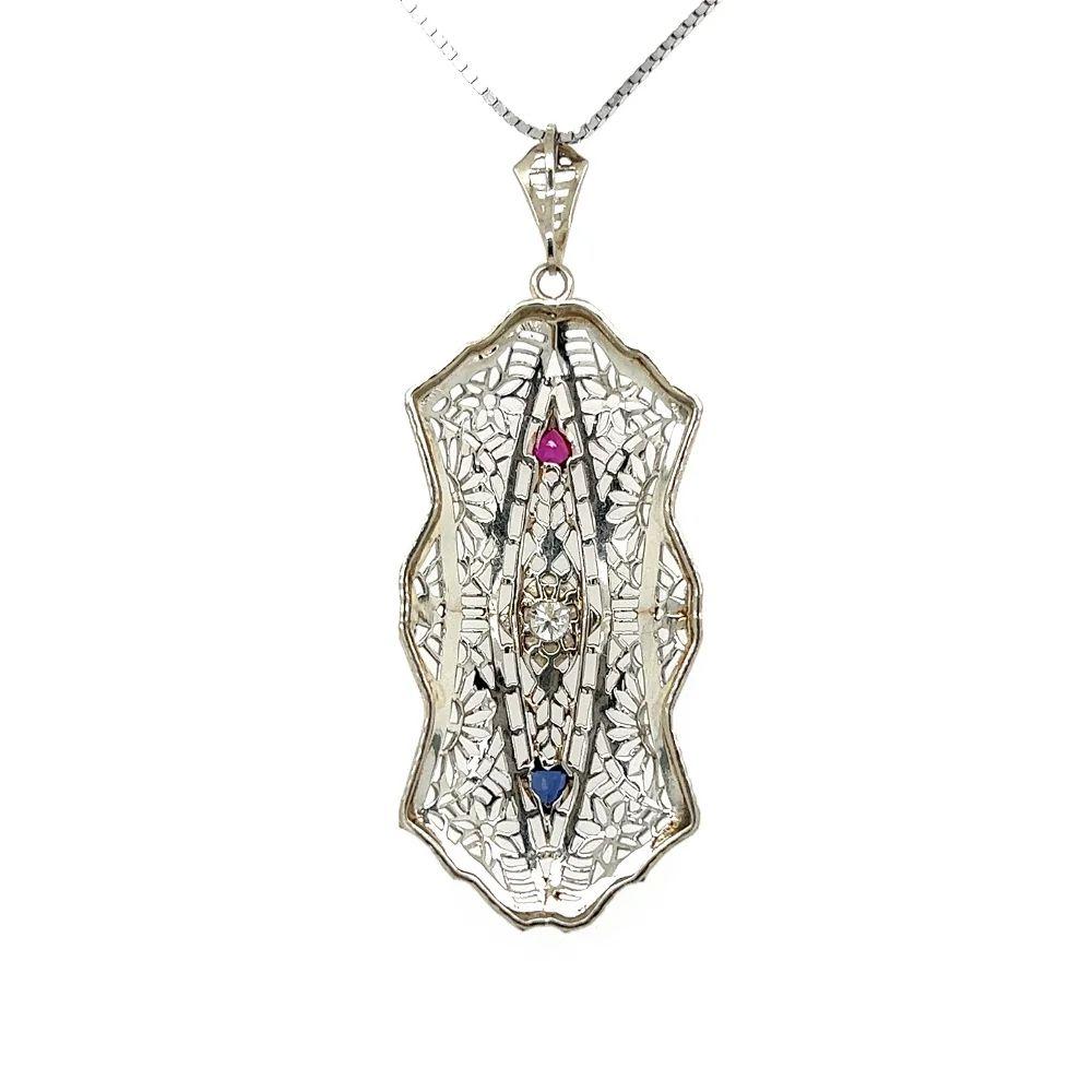 Mixed Cut Vintage Red Carpet Diamond Ruby and Sapphire Gold Statement Pendant Necklace For Sale