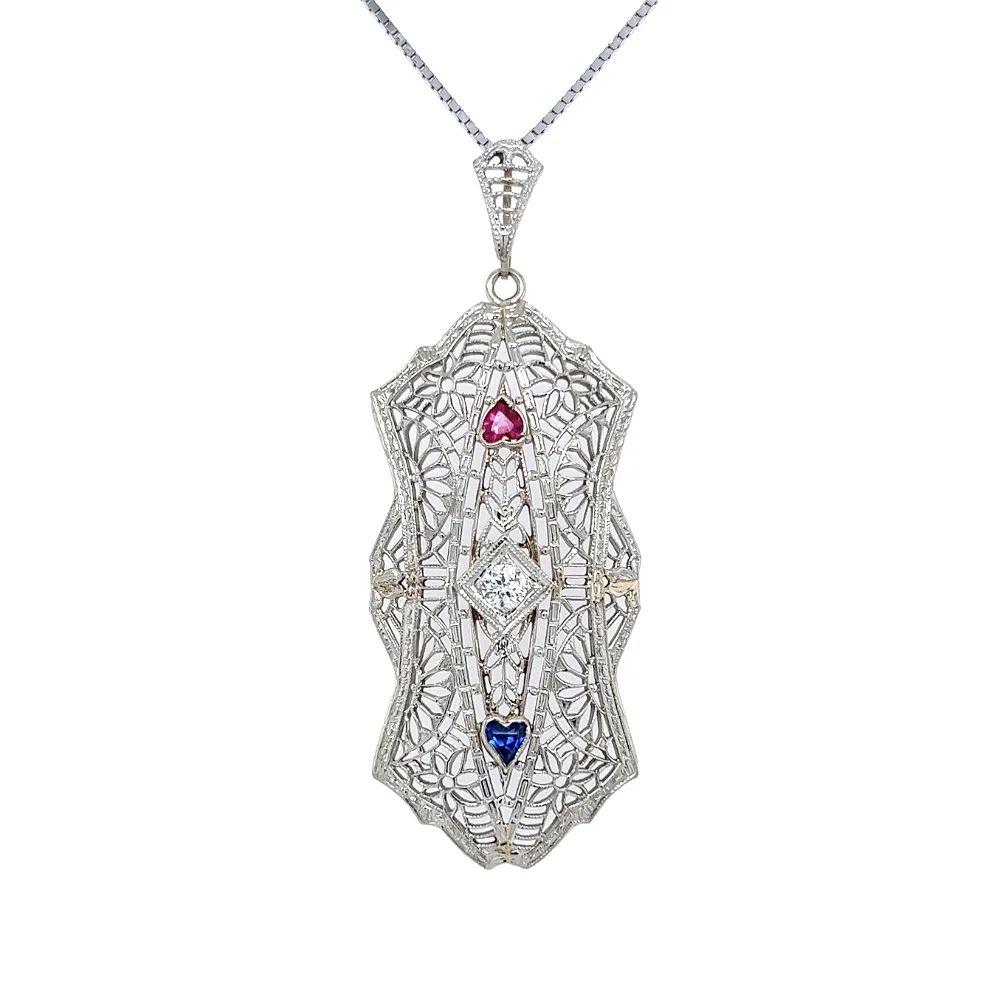 Vintage Red Carpet Diamond Ruby and Sapphire Gold Statement Pendant Necklace In Excellent Condition For Sale In Montreal, QC