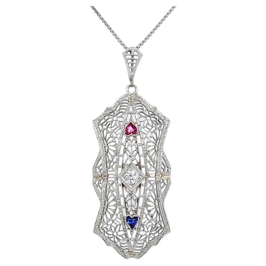 Vintage Red Carpet Diamond Ruby and Sapphire Gold Statement Pendant Necklace For Sale