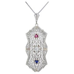 Retro Red Carpet Diamond Ruby and Sapphire Gold Statement Pendant Necklace