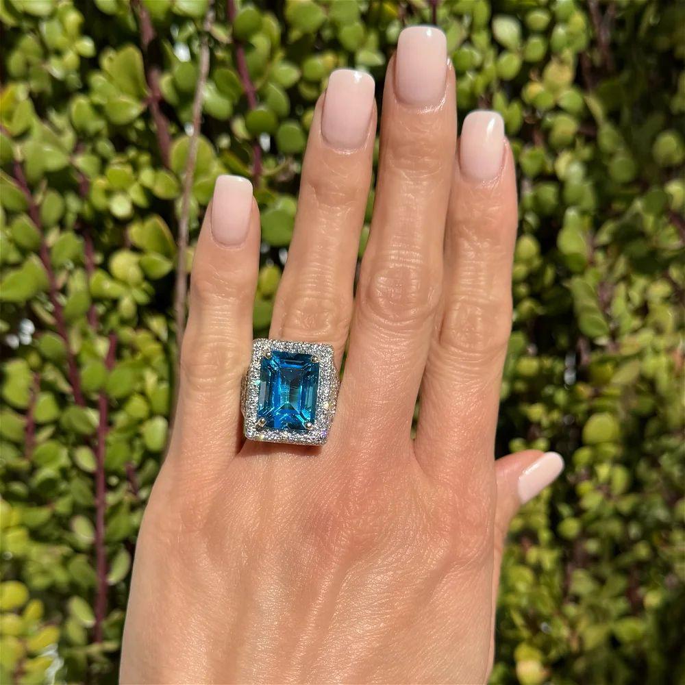 Modern Vintage Red Carpet Emerald Cut Blue Topaz and Diamond Gold Statement Ring For Sale