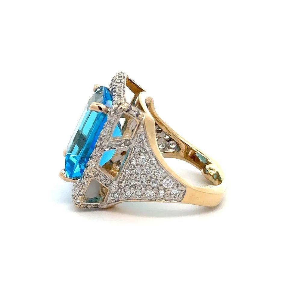 Vintage Red Carpet Emerald Cut Blue Topaz and Diamond Gold Statement Ring For Sale 1