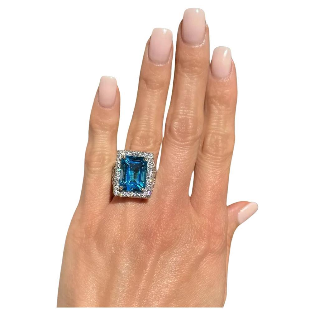 Vintage Red Carpet Emerald Cut Blue Topaz and Diamond Gold Statement Ring For Sale