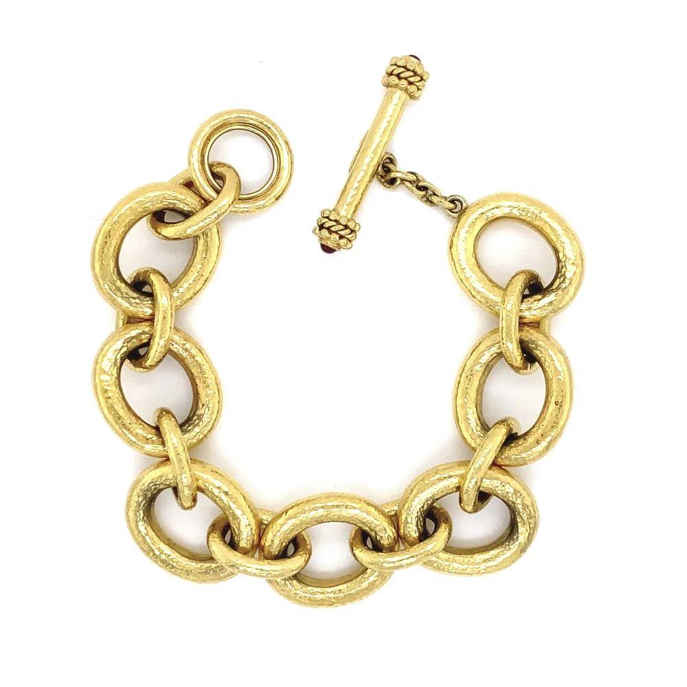 Simply Beautiful! Vintage Show Stopper Iconic Designer Elizabeth Locke Signed Statement Large Gold Oval Link Toggle Bracelet with Ruby accents. Hand crafted in 19K Yellow Gold. Measuring approx. 8” long. More Beautiful in real time! Classic and