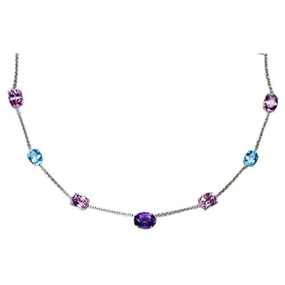 Simply Beautiful! Elegant and finely detailed Vintage Oscar Worthy Multi Color Pink, Blue, Purple and Yellow Gemstone Gold Necklace. Hand set with Oval Cushion High-Quality IF Gemstones. Featuring Kunzite, Blue Topaz, Amethyst and Citrine. Weighing
