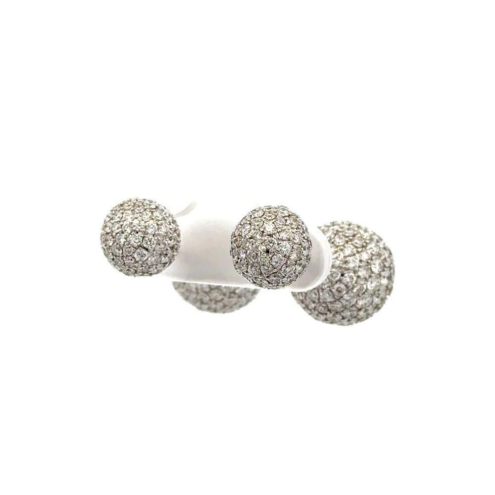 Simply Beautiful! Show Stopper Double Ball Pave Diamond Stud Earrings. These Stylish Earrings feature a total of 378 Refracted Brilliant Cut diamonds with an approx. 11.25 total carat weight. Each Diamond is chosen for its color grading of F (Fine