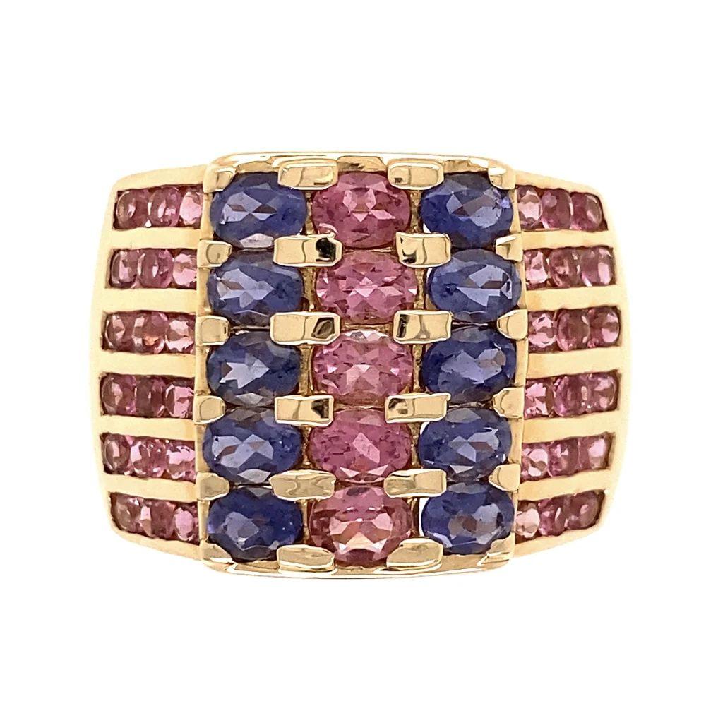 Mixed Cut Vintage Red Carpet Pink Tourmaline and Tanzanite Statement Gold Band Ring For Sale