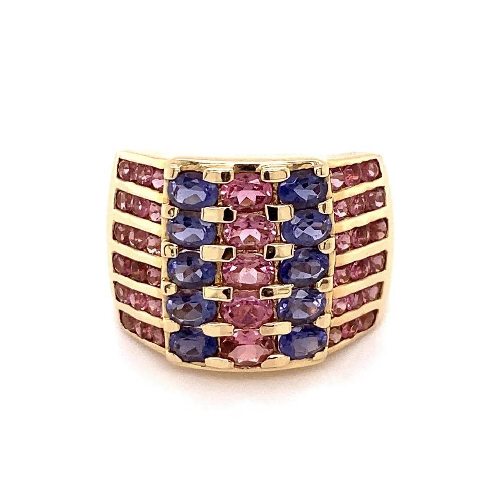 Women's Vintage Red Carpet Pink Tourmaline and Tanzanite Statement Gold Band Ring For Sale