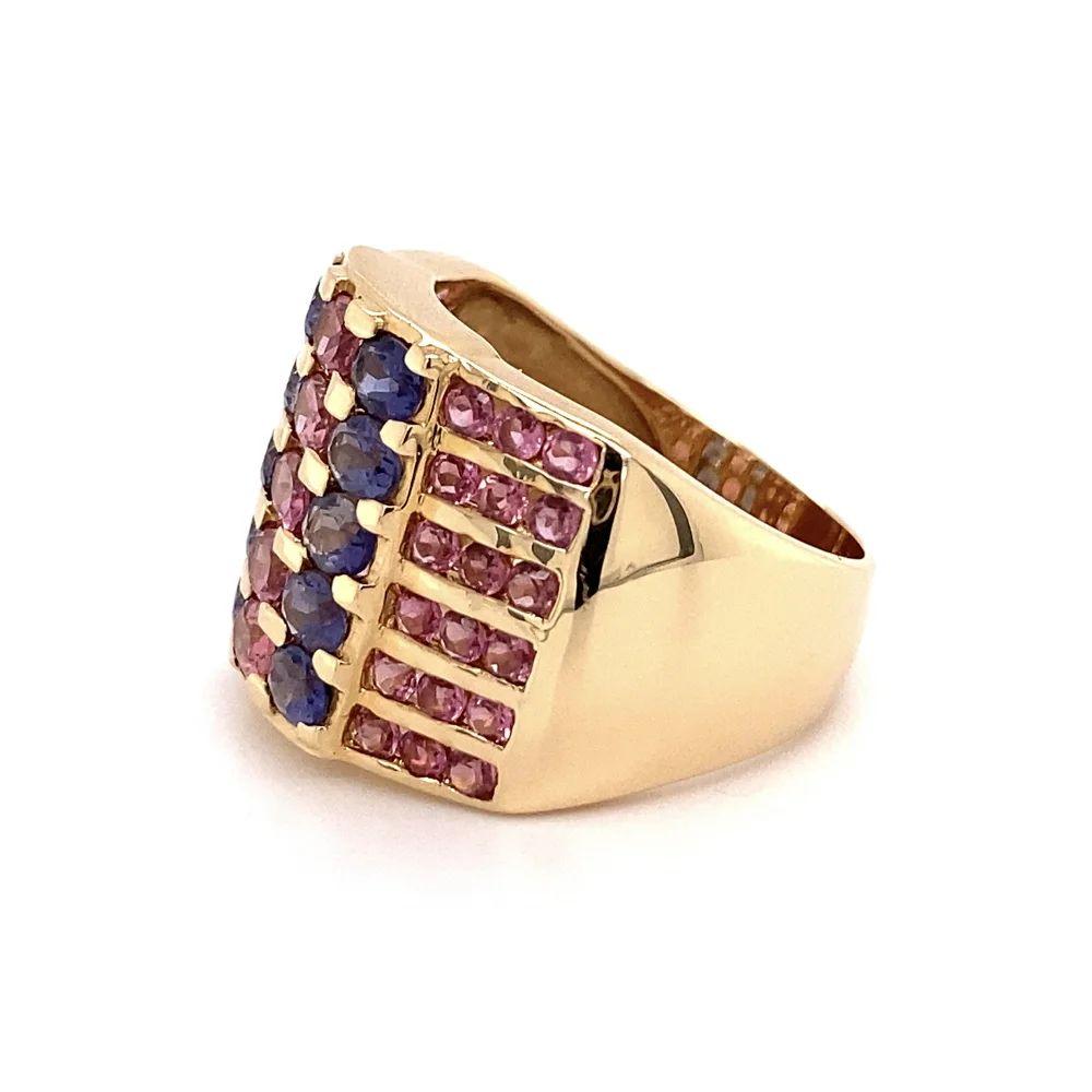 Vintage Red Carpet Pink Tourmaline and Tanzanite Statement Gold Band Ring For Sale 1