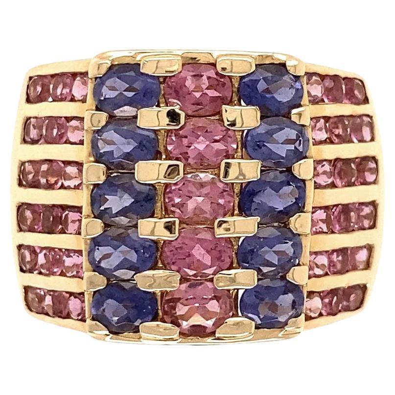 Vintage Red Carpet Pink Tourmaline and Tanzanite Statement Gold Band Ring For Sale