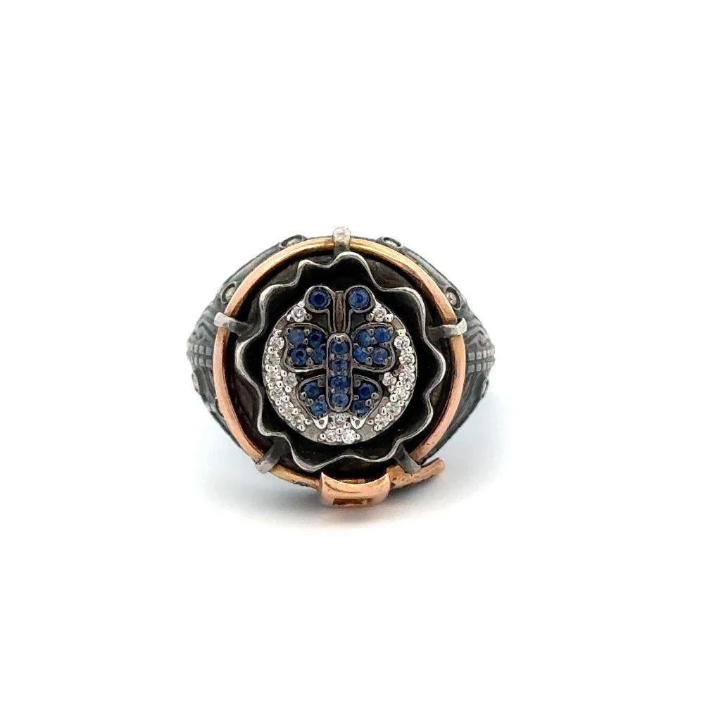 Vintage Red Carpet Sapphire and Diamond Butterfly Gold and Silver Statement Ring In Excellent Condition For Sale In Montreal, QC