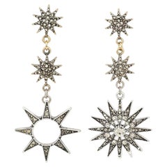 Vintage Red Carpet Sparkling Crystal Triple Star Statement Drop Silver Earrings