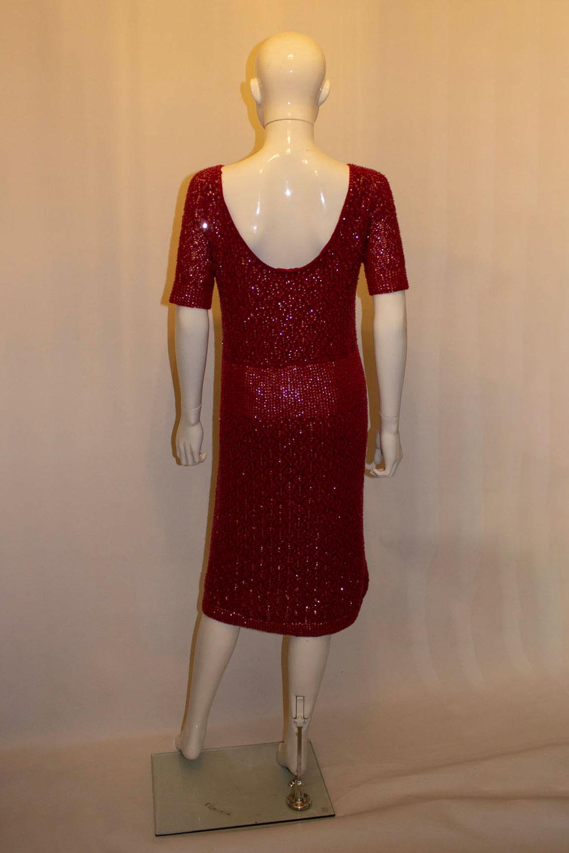 Vintage Red Cashmere and Sequin Dress In Good Condition For Sale In London, GB