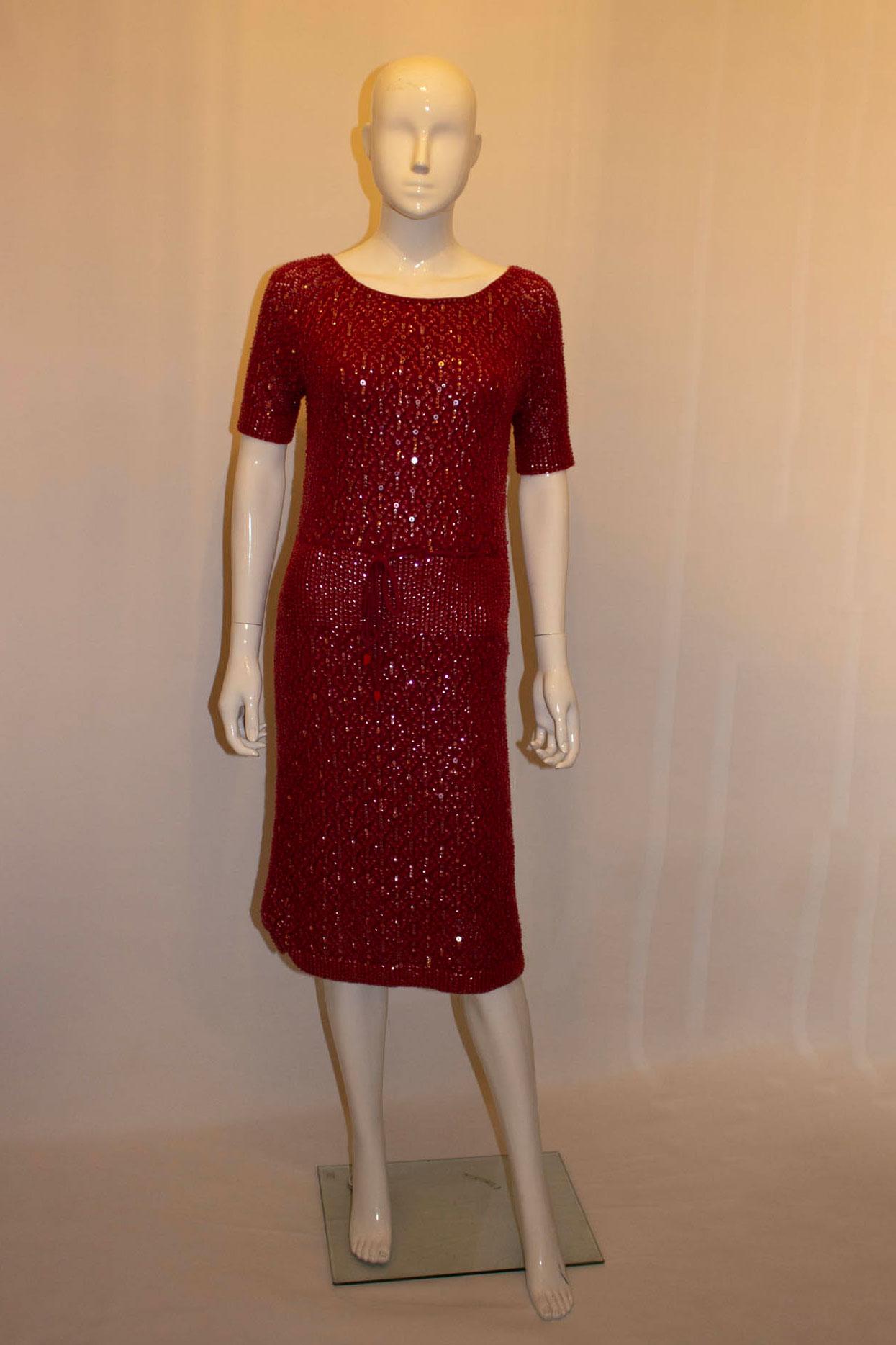 Vintage Red Cashmere and Sequin Dress For Sale 1