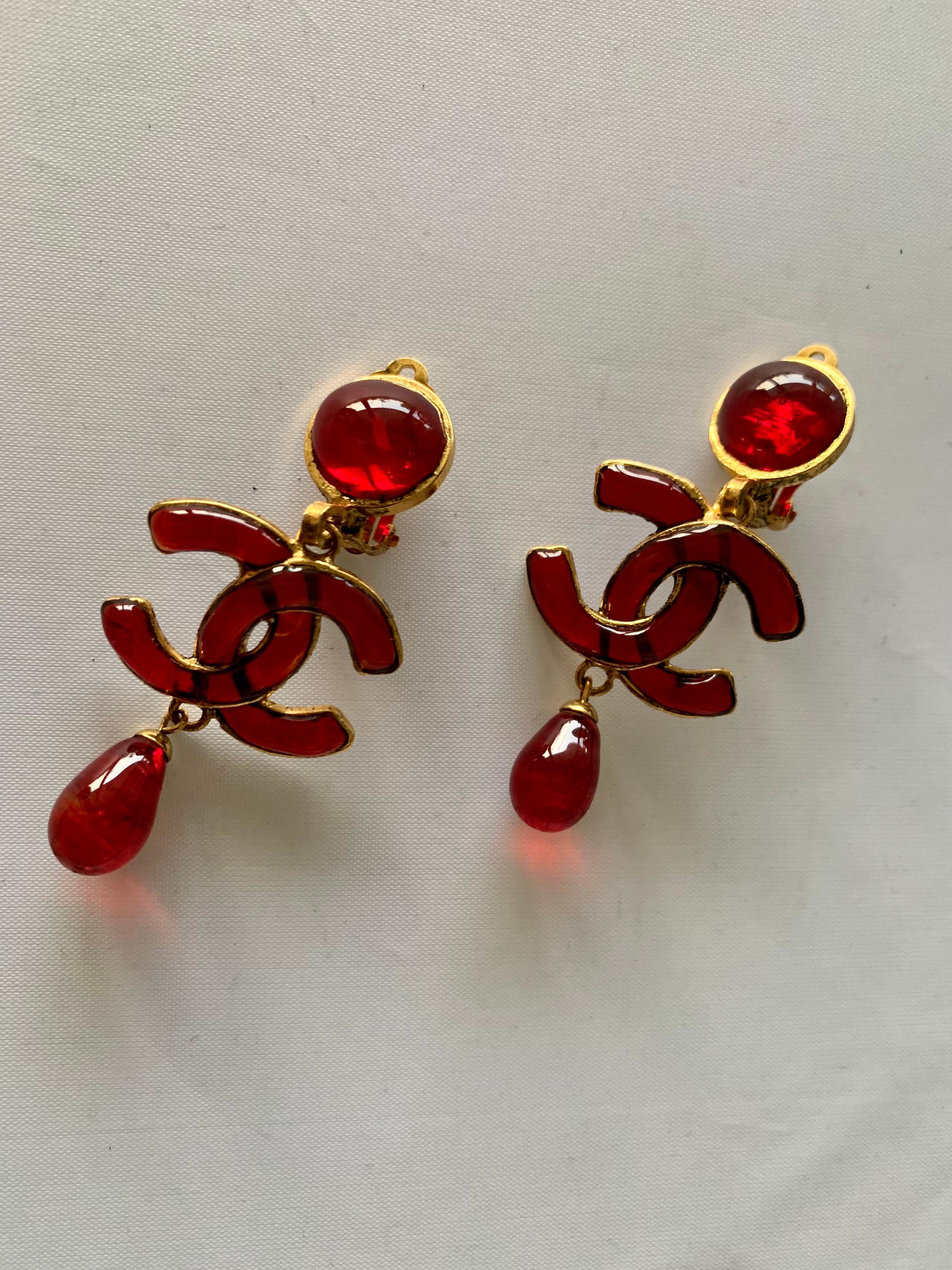 Artisan Vintage Red CC Logo Chanel Statement Earrings