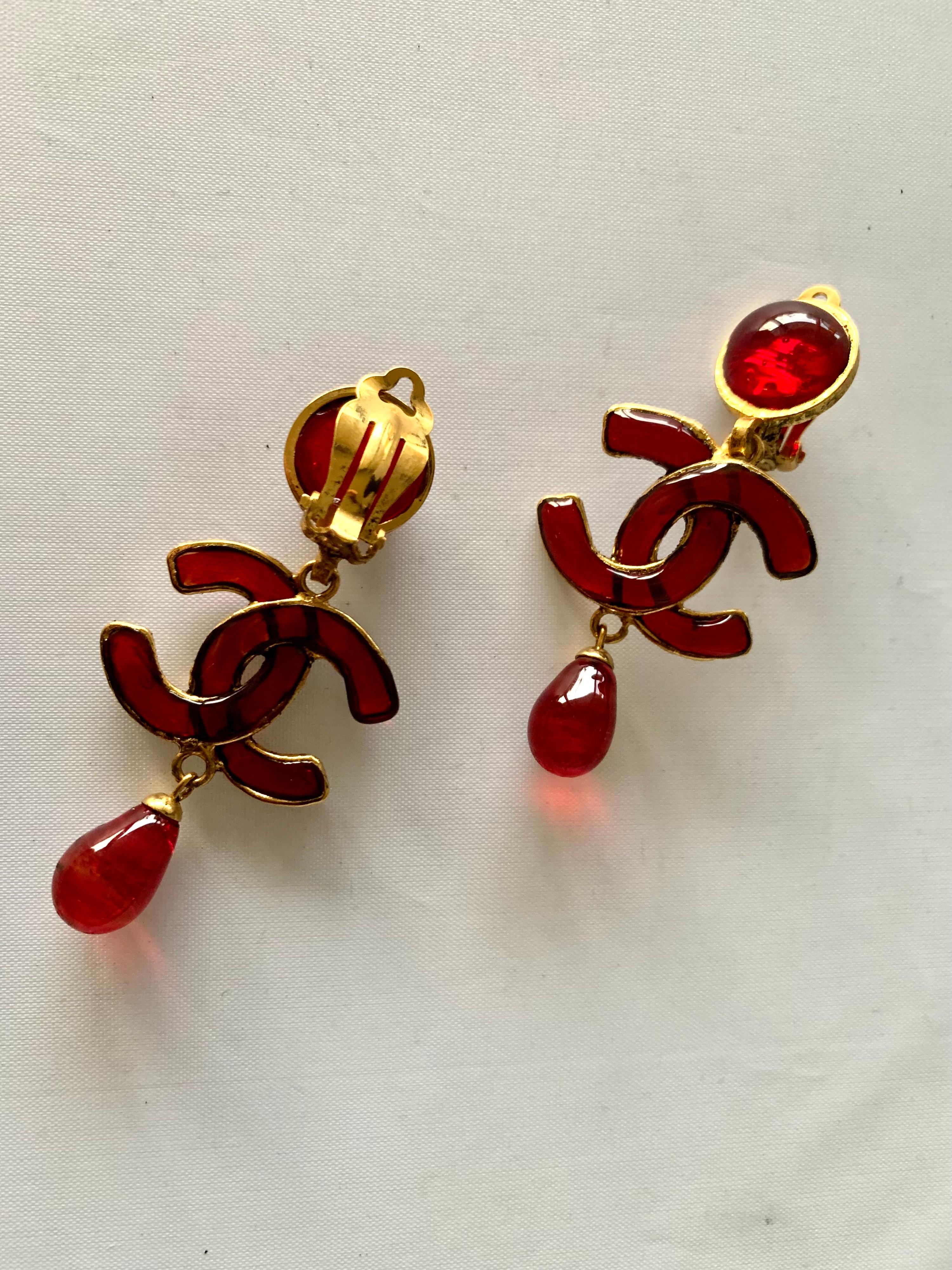 Vintage Red CC Logo Chanel Statement Earrings In Excellent Condition In Palm Springs, CA